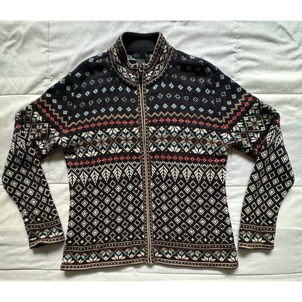 Nomadic Traders Full Zip Cardigan Sweater M Fair Isle Black Multicolor Nordic - Picture 2 of 11